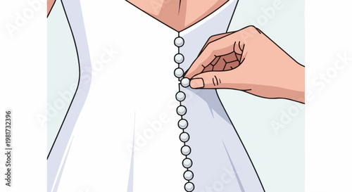 Hand fastening pearl buttons on a white garment
