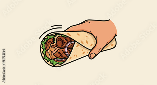 Hand holding a filled flatbread wrap with meat, lettuce, and onions