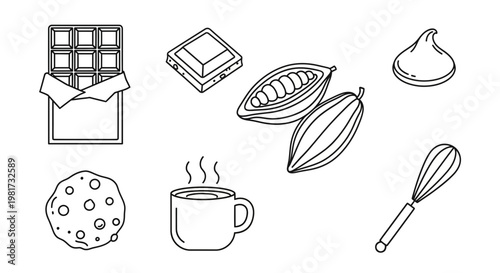 Chocolate Icons: Bar, Cookie, Cocoa Pods, Hot Drink, Whisk, Swirl