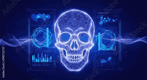 Futuristic digital skull surrounded by glowing data and wave patterns