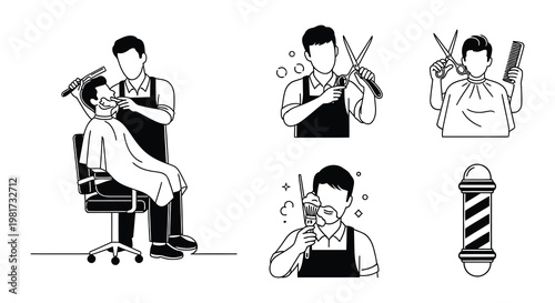 Barber shop icons depicting haircuts shaves and traditional tools