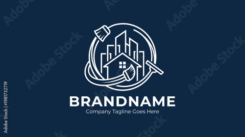This branding image features tools and a house, representing home improvement and repair services. The design blends modern aesthetics with practical symbolism.