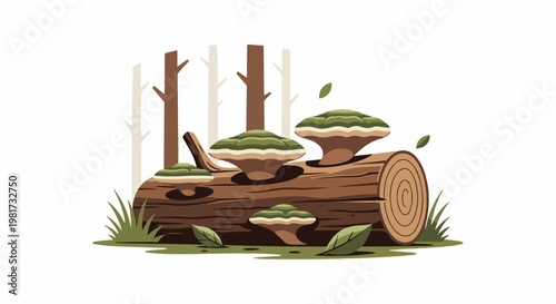 Forest floor scene with fungi on a fallen log and minimalist trees