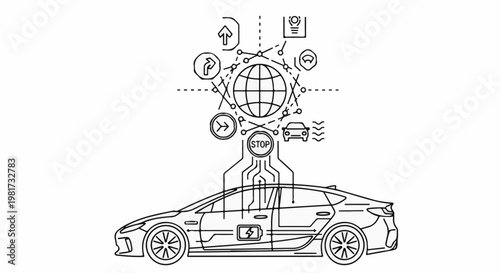 Futuristic electric car connected to a global network for intelligent driving