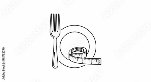 Fork and plate with a measuring tape coiled on the plate