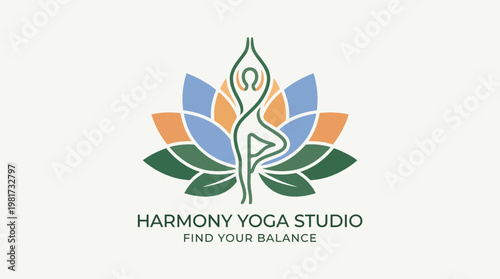 The logo represents a yoga studio with a balanced figure in a pose, surrounded by a lotus flower, symbolizing wellness, balance, and tranquility in practice.