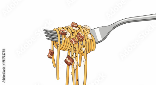 Forkful of pasta with bacon and sauce, isolated on white