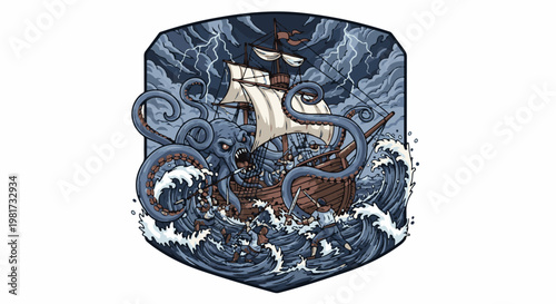 Epic sea battle kraken attacks sailing ship during a lightning storm