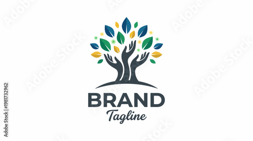 A stylized logo representing a tree with vibrant leaves and hands, symbolizing growth, connection, and sustainability for any environmental or wellness brand.