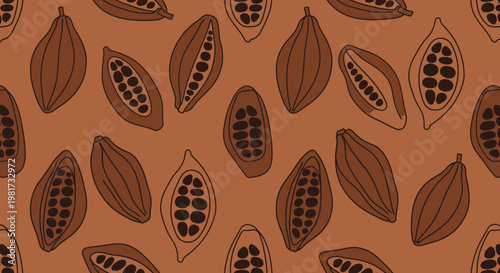 Cocoa Pods Pattern - Fresh Cacao Beans Seamless Background