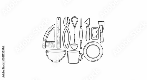 Hand-drawn collection of pottery tools and ceramic ware, with a sketch-like texture