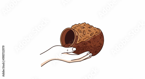 Hand holding a pot spilling rich soil with leaves and seeds onto it