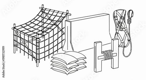 Equipment for training, including a netted structure, sandbags, and safety harness