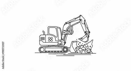 Excavator digging and breaking rocks, line art illustration