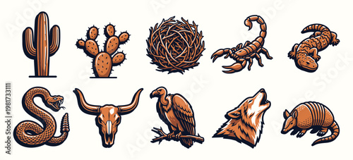  Desert Wildlife Icon Set with Cactus and Animals for Branding