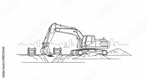 Excavator digging trench with construction site and city skyline