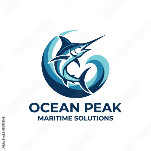 This image showcases a captivating logo design featuring a marlin fish, waves, and vibrant colors, representing maritime solutions and oceanic themes for a modern brand.