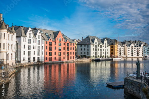 Canal with colourful houses in the town Alesund in Møre og Romsdal county, Norway
