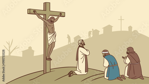A digital illustration of the crucifixion of Jesus Christ. The scene features a central figure on a wooden cross with three men kneeling in prayer or mourning before him.