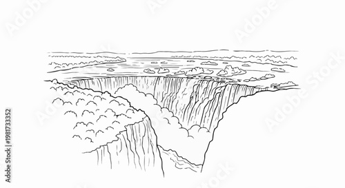 Expansive waterfall plunges into a misty chasm below, with river and sky above