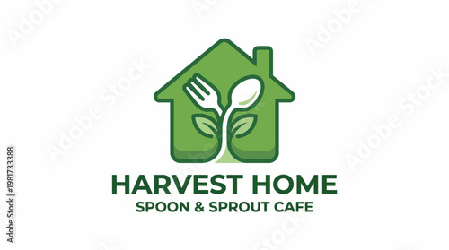 A vibrant logo depicting a house with utensils and sprouts, symbolizing fresh, wholesome dining experiences at the Harvest Home Cafe, perfect for family-oriented eateries.