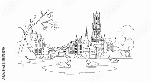 Elegant swans glide on a canal before a medieval town with a tall tower