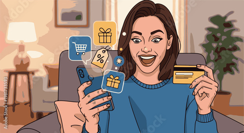 Excited person using phone and credit card for online shopping with shopping icons
