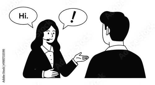 Line art illustrations depicting customer service representatives with technology