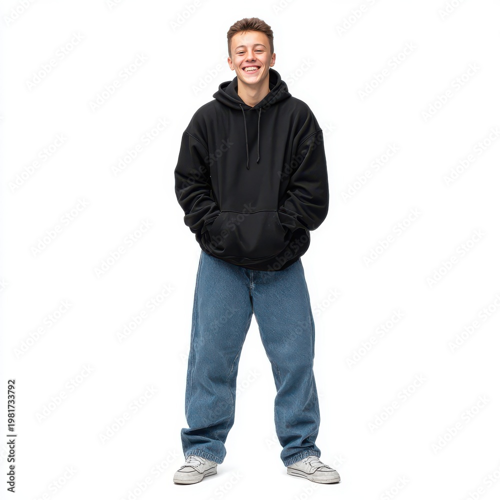 Fototapeta premium Russian handsome 15 years boy wearing a black hoodie and blue black isolated on a white background
