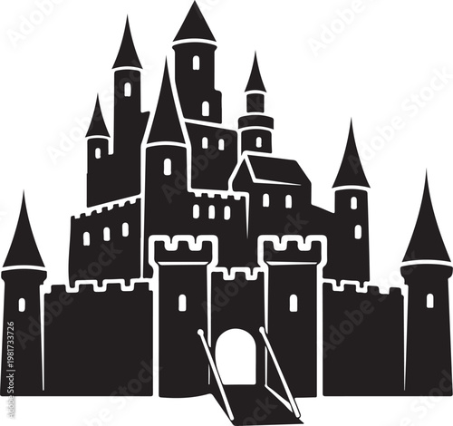 A black silhouette of a medieval castle