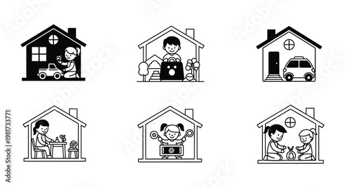Line art illustration depicting children playing near and inside houses