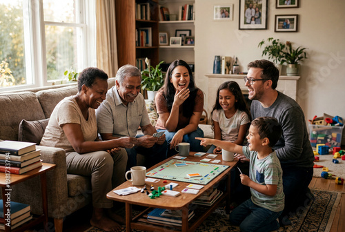Happy diverse family members playing a game in living room, sharing a fun moment