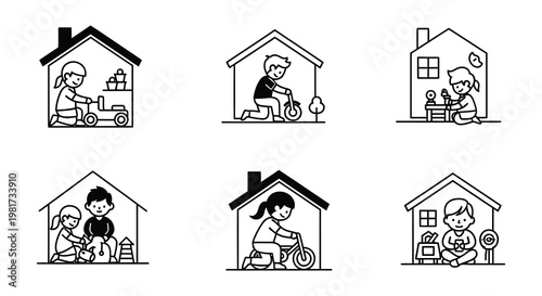 Line art illustration depicting children playing near and inside houses