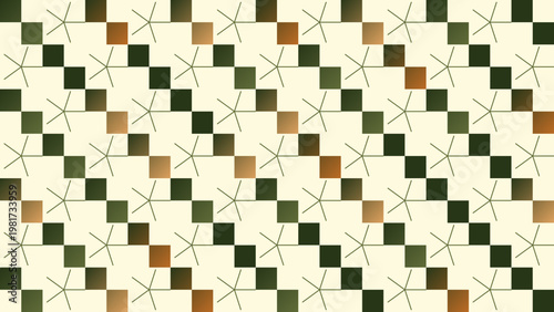 Abstract Geometric Pattern with Green and Brown Squares and Lines