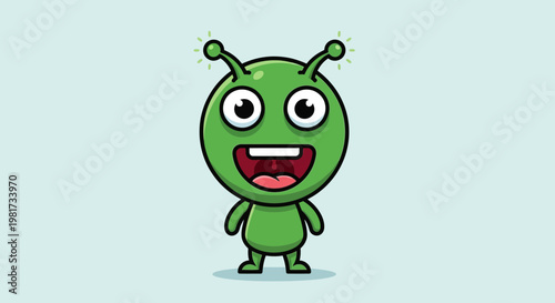 Cute Green Alien Cartoon Character with Big Eyes and Antennae