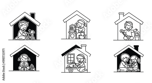 Line art illustration depicting children playing near and inside houses