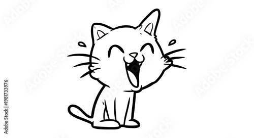 Cute Cartoon Cat Laughing Out Loud, Hand-Drawn Line Art, Black and White