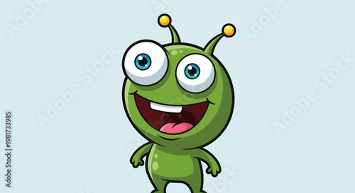 Cute Green Alien Cartoon Character with Big Eyes and Antennae