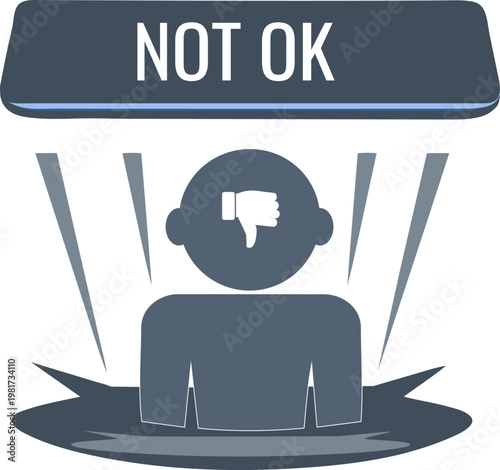Vector illustration of a NOT OK button pressing down on a person, representing rejection, negative pressure, suppression of individuality and forced decision denial.