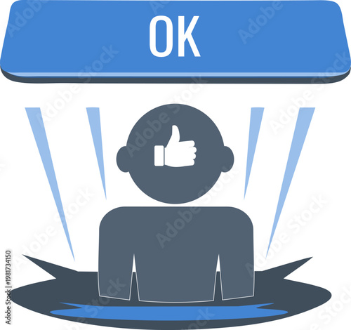 Conceptual vector illustration of an OK button pressing down on a person, symbolizing social pressure, forced agreement, behavioral manipulation and control in digital environments.