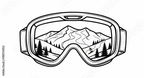 Goggles reflecting a mountain ski slope with a lone skier and pine trees