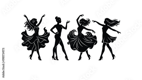   
Stylized female dancer silhouettes in expressive poses elegant motion rhythm celebration abstract vector illustration modern design