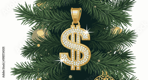 Gold dollar sign pendant with diamonds hanging on a Christmas tree