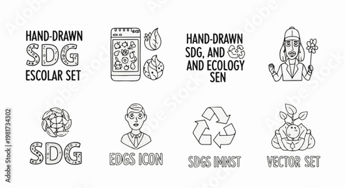 Hand-drawn icons of sustainable development goals, ecology, and people