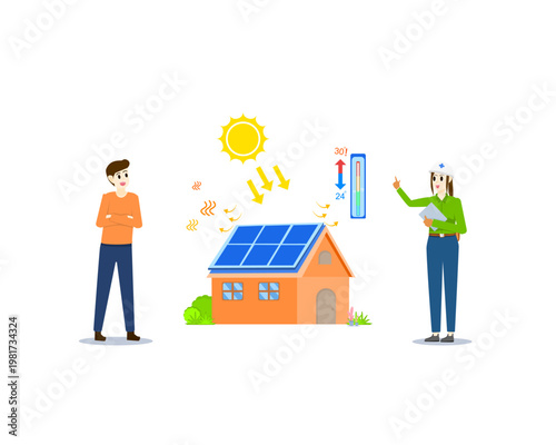 Female engineer discussing the benefits of renewable solar energy on rooftop to reduce indoor temperatures. Vector man and woman with solar cells at home concept clean energy, sustainable development 