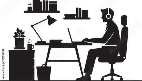 Home Office Working Silhouette, Remote Work Black Vector Isolated on White Background