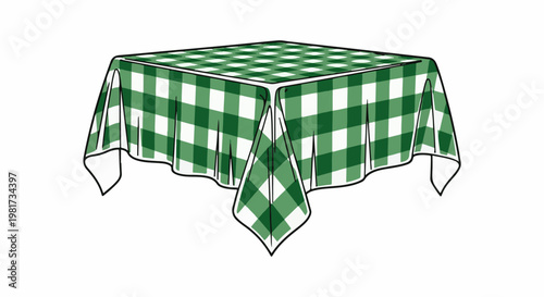 Green and white checkered tablecloth drapes over a square table
