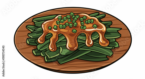 Green beans with savory sauce and chopped green garnish on a wooden plate
