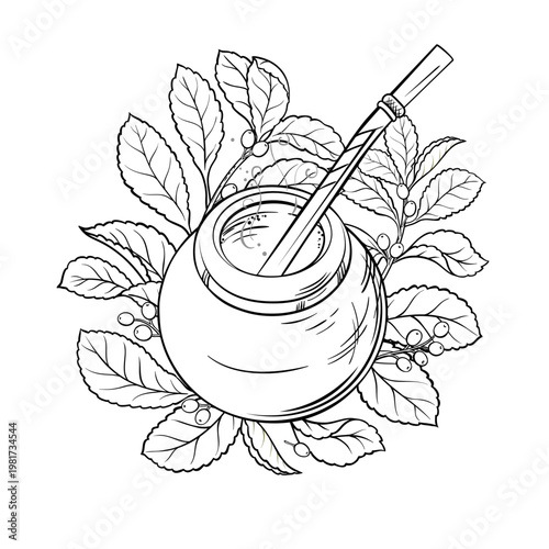 Mate Tea in Calabash and Yerba Mate Branch Outline Illustration