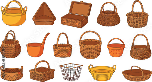 Handmade wicker basket collection set with various shapes, traditional woven containers, rustic storage and picnic basket vector illustration isolated on white